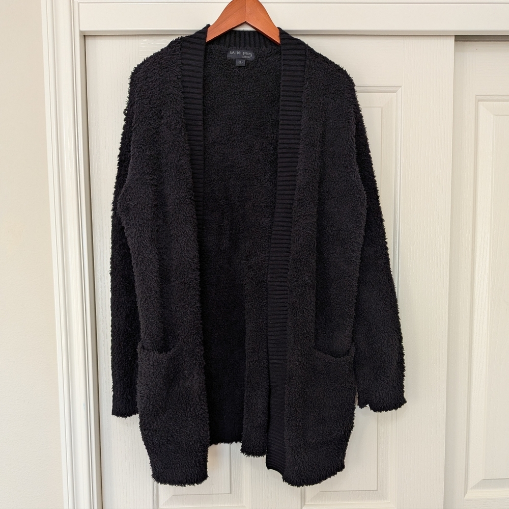 BAREFOOT DREAMS Cozy Chic Black Ribbed Front Pockets Open Cardigan Women Medium